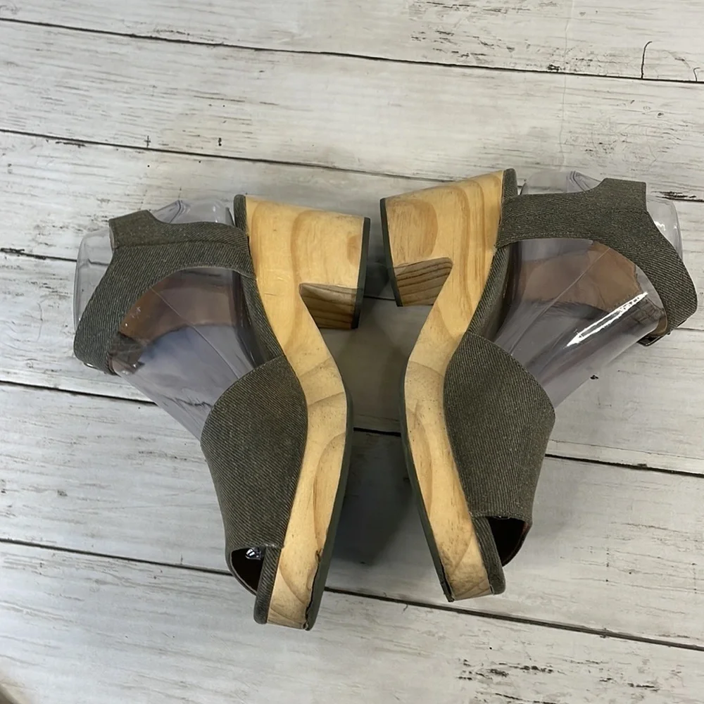 Kelsi Dagger Brooklyn Gray Denim Wooden Platform Heel Sandals